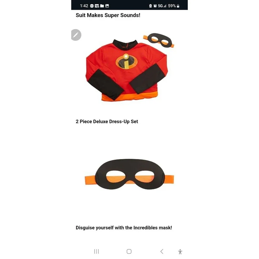 Pixar Incredibles 2 Violet / Dash Child Costume Shirt + Mask W/ SOUNDS size 4-6x